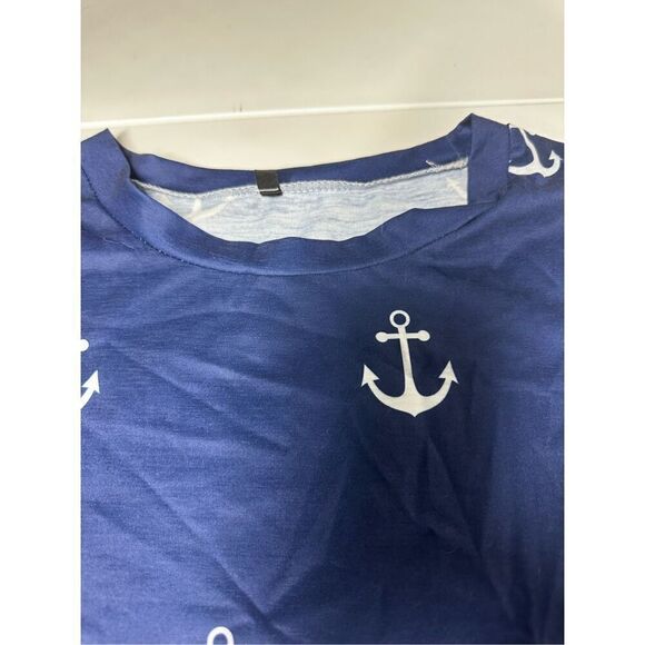 Women Round Neck Anchor Print Short Sleeve T-Shirt Blue White Size 2XL - Picture 2 of 9